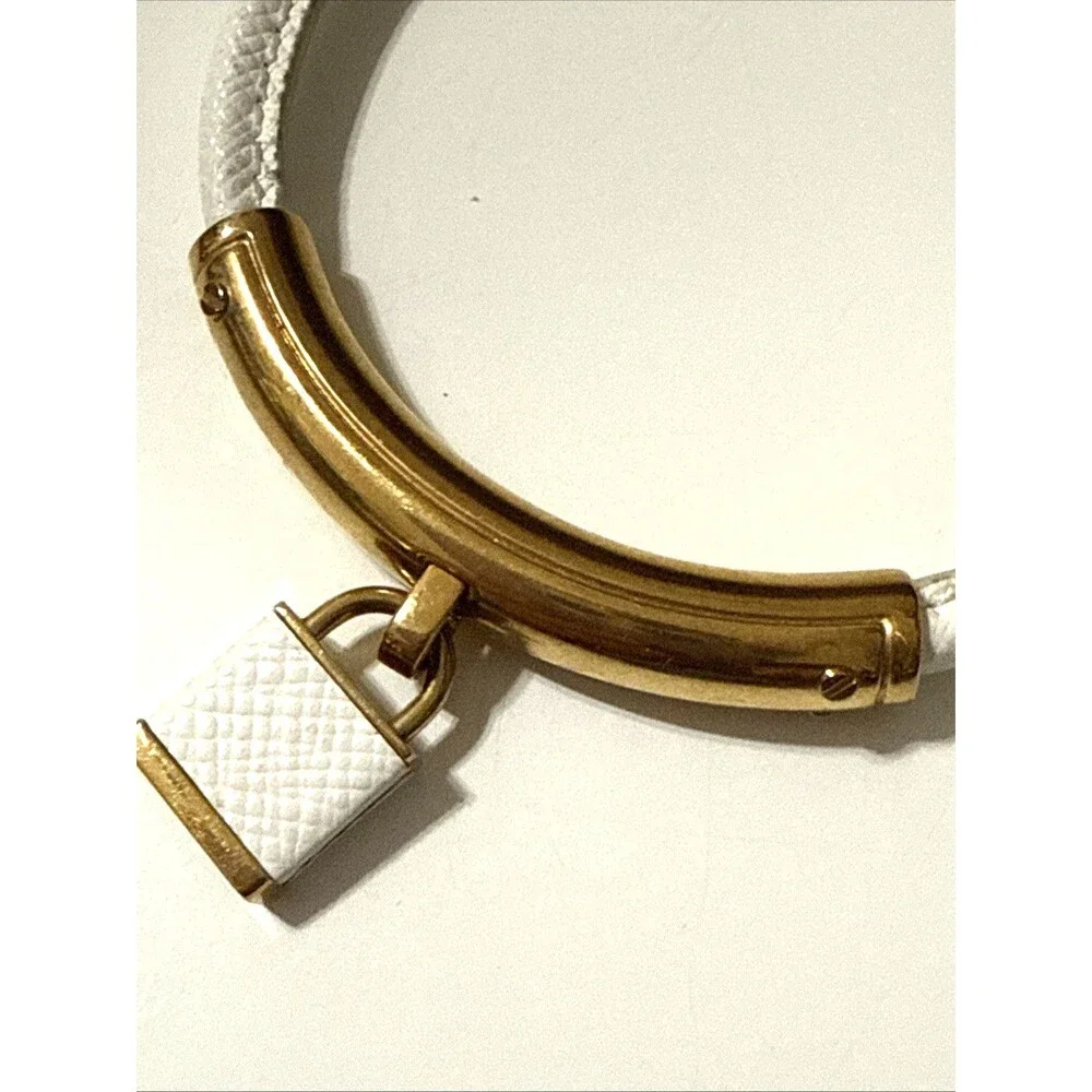 MICHAEL KORS Logo Lock White Leather Bangle Bracelet Gold Tone 8